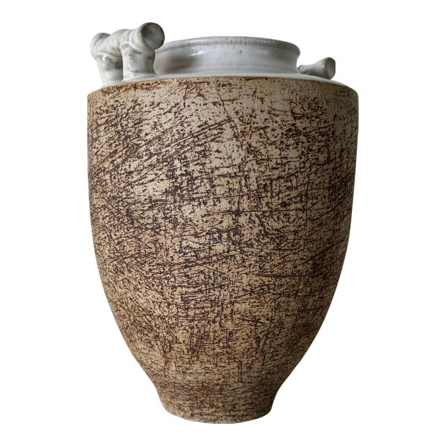 Vintage Ceramic Vase With Two Sculptural Handles For Sale