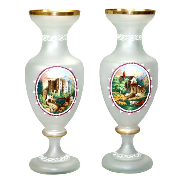 Pair of Antique Scenic Hand Painted Glass Clamshell Vases Circa 1890 For Sale