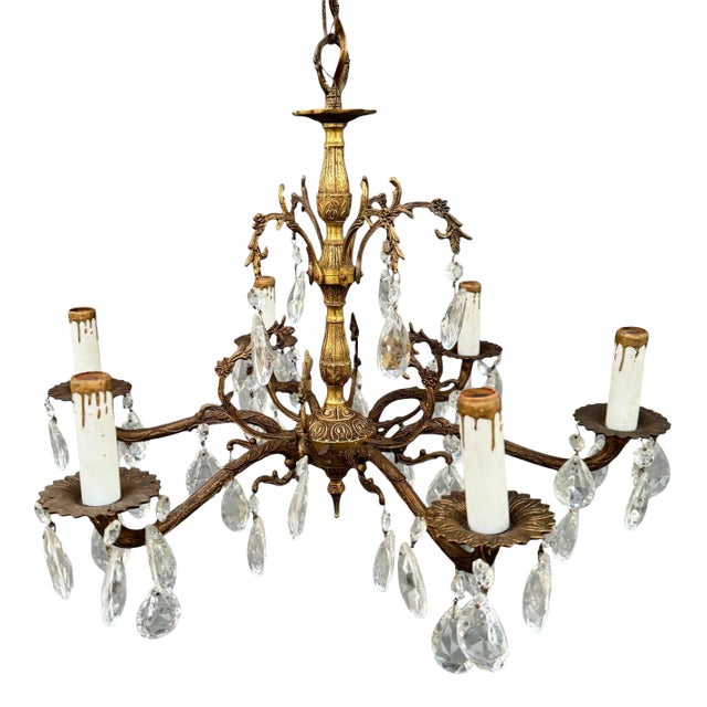 Early 20th Century Spainish Brass and Crystal 6 Arm Chandelier For Sale
