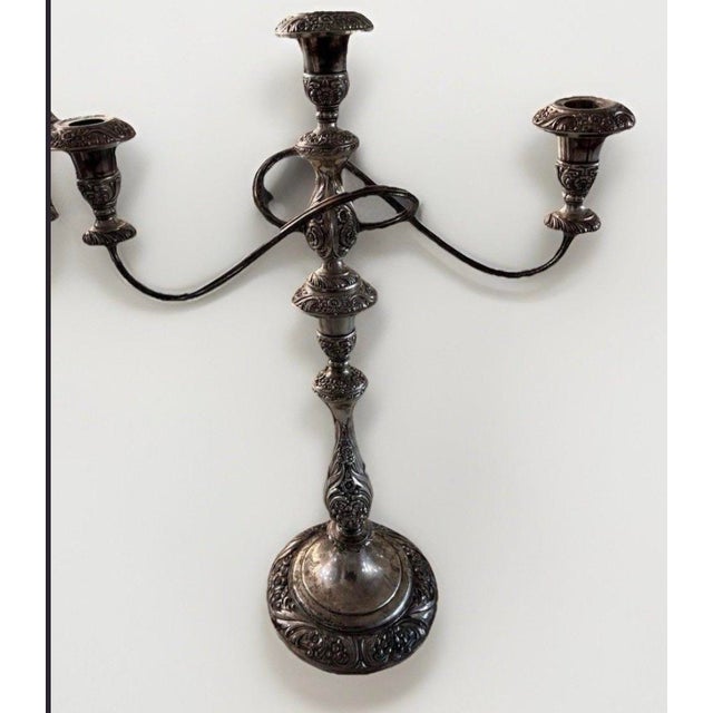 Vintage Heritage Rogers Bros Ornate Silverplate 3-Arm Candelabra Pair For Sale In Los Angeles - Image 6 of 11