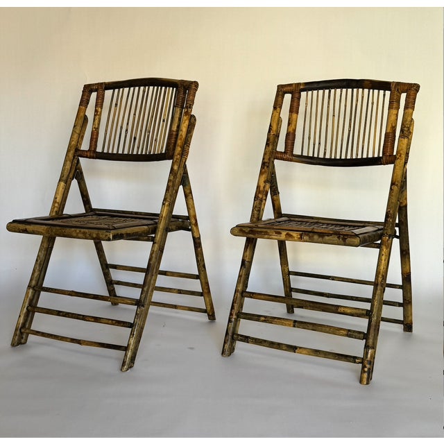 1900s Antique Folding Bamboo Chairs, Pair. Great patina.