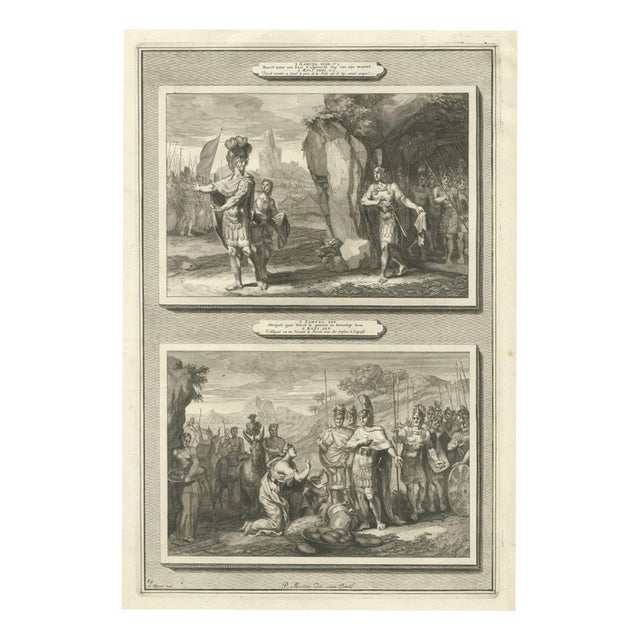 Pieter Mortier, David Spares Saul and Abigail Meets David, 1700, Engraving For Sale