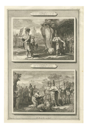 Pieter Mortier, David Spares Saul and Abigail Meets David, 1700, Engraving
