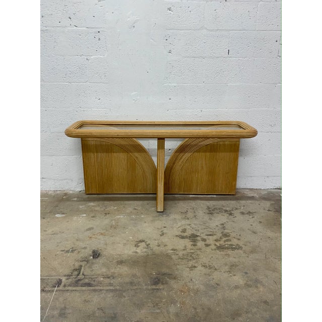 Pencil reed rattan and inset glass top sofa or console table inspired by Gabriella Crespi, 1980s