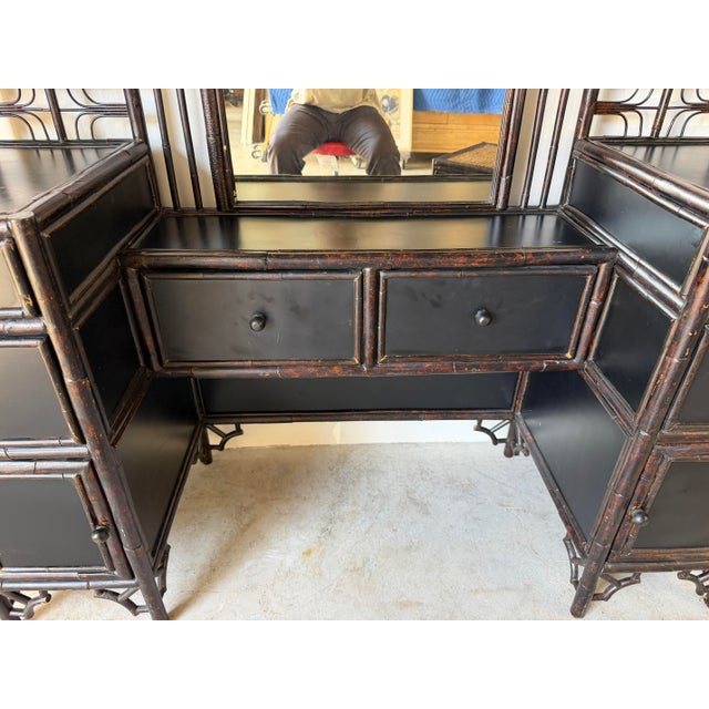 Vintage Chinoiserie Black Lacquered Bamboo Vanity Dressing Table With Mirror, Side Cabinets & Wicker Bench For Sale - Image 10 of 17