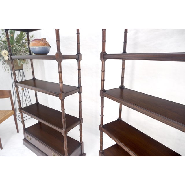Pair of 6 Tier Faux Bamboo Bottom Drawer Cherry Bookcases Round Ball Finials For Sale - Image 12 of 14