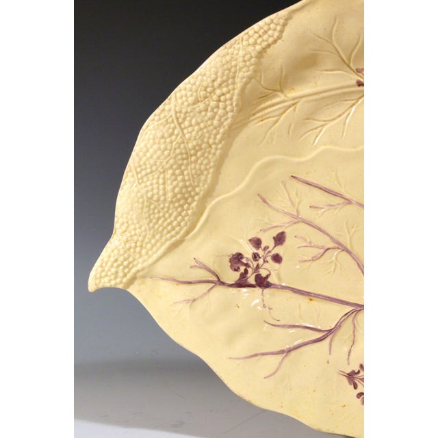 Derbyshire Creamware Large Leaf Dish, Two Overlapping Leaves Painted in Puce, Melbourne Type For Sale - Image 4 of 5