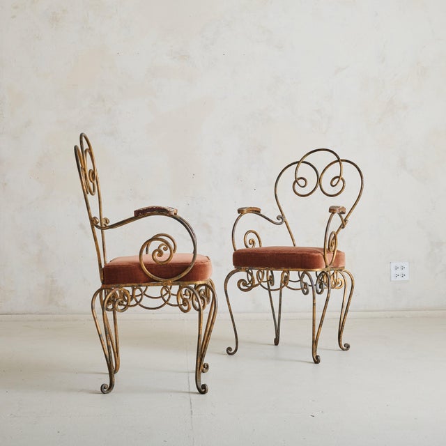 Mid 20th Century French René Gabriel Style Wrought Iron Accent Chair in Rust Velvet, 1940s For Sale - Image 5 of 11