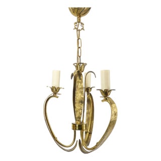 Art Deco Style 3-Arm Chandelier in Gilded Brass, with Foliage and Scroll Motifs, 1950 For Sale