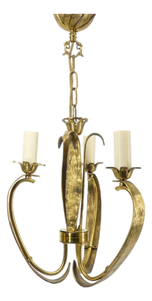 Art Deco Style 3-Arm Chandelier in Gilded Brass, with Foliage and Scroll Motifs, 1950