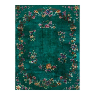 1920s Green Flowers Modern Antique Chinese Art Deco Carpet 8'9" X 11'6" Knotted Pile Wool Rug For Sale
