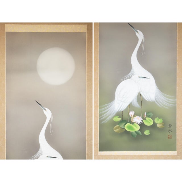 Japanese "Egrets and the Moon" by Kawamura Shusui, Showa Era Japanese Silk Scroll Painting For Sale - Image 3 of 18