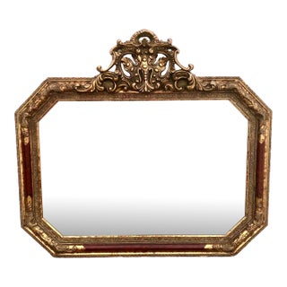 Large Vintage Mid Century Red Column Gold Gilt Beveled Glass Hanging Wall Mirror For Sale