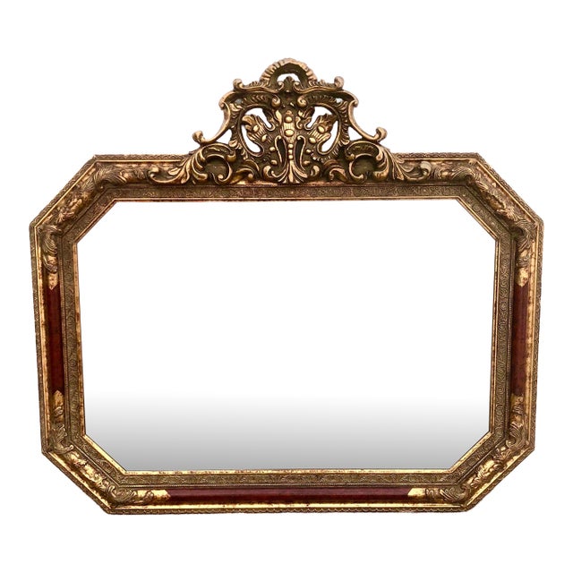 Large Vintage Mid Century Red Column Gold Gilt Beveled Glass Hanging Wall Mirror For Sale
