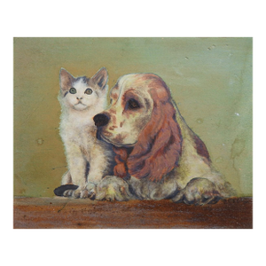 Mid 20th Century Puppy and Kitten Portrait Painting