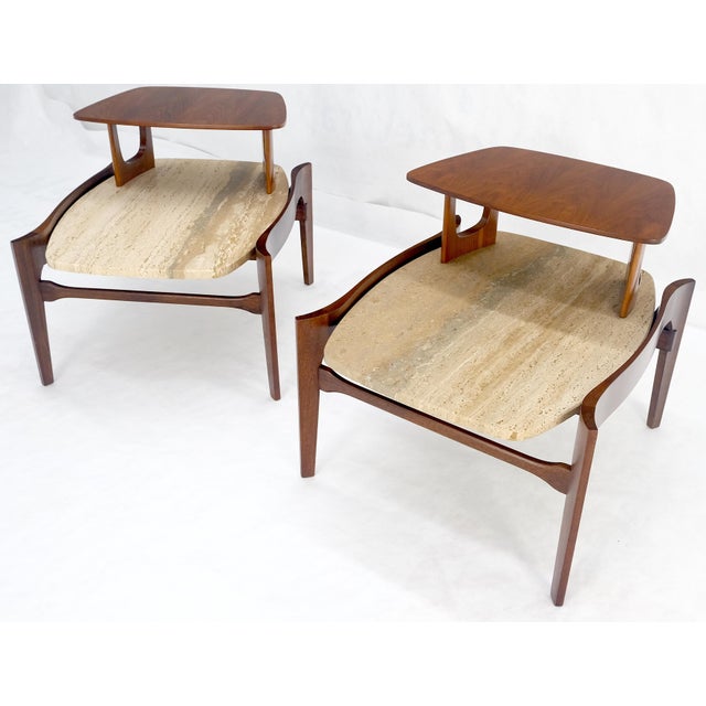 Brown Pair of Bertha Schaefer Walnut Travertine Top Step Side End Tables Stands MINT! For Sale - Image 8 of 12