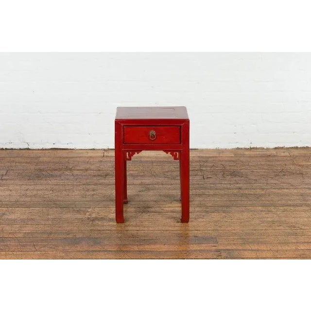 Mid 20th Century Vintage Chinese Red Lacquer Side Table with Single Drawer & Carved Spandrels For Sale - Image 5 of 13