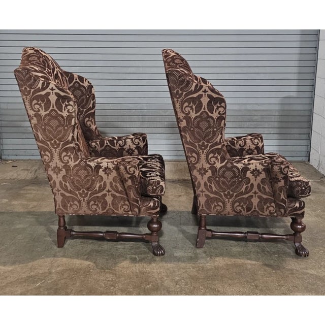 Late 20th Century Pair of Baker Stately Homes Large Wing Arm Chairs in the Jacobean Style Damask For Sale In Cleveland - Image 6 of 11