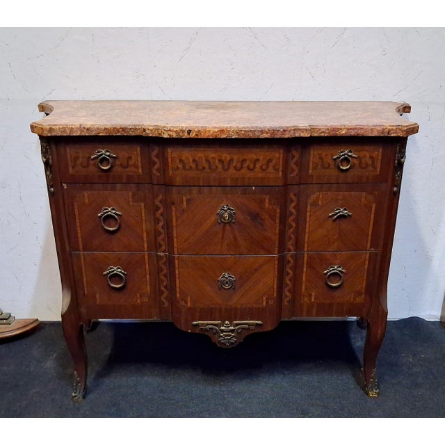 Louis XV-Louis XVI Transition Style Inlaid Bombé Commode with Marble Top For Sale - Image 3 of 7