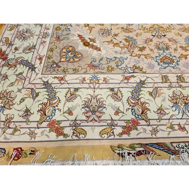 19th Century Persian Tabriz Rug, Hand-Knotted Wool & Silk, Floral Design Taupe & Pale Green, 7x10 For Sale - Image 5 of 18
