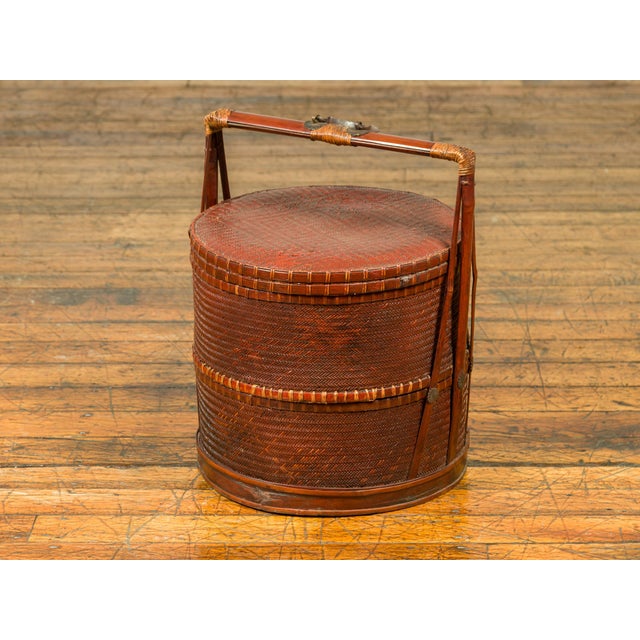 Antique Chinese Rattan and Bamboo Nested Lunch Basket with Carved Handle Chairish