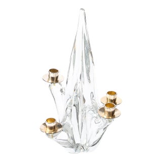 Mid-Century Crystal & Brass Amorphic 4 Arm Candelabra Signed Schneider For Sale
