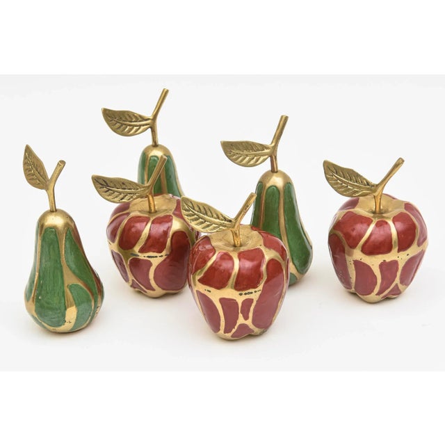 Modern Vintage Brass and Enamel Red and Green Apple and Pear Objects and Sculptures Set of 6 For Sale - Image 3 of 12
