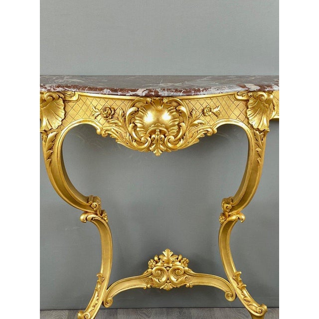 Wood 19th Century Louis XV Wall Console in Gilded Wood and Marble For Sale - Image 7 of 8