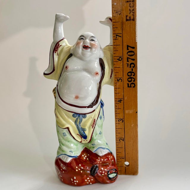 Vintage Chinese Laughing Buddha Ceramic Sculpture, Hand Painted For Sale - Image 11 of 11
