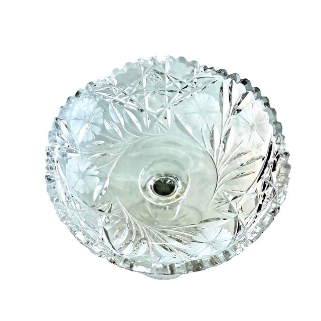 Transparent Early 20th Century American Brilliant Period Cut Glass Etched Floral Crystal Pedestal Compote, Notched Stem For Sale - Image 8 of 8