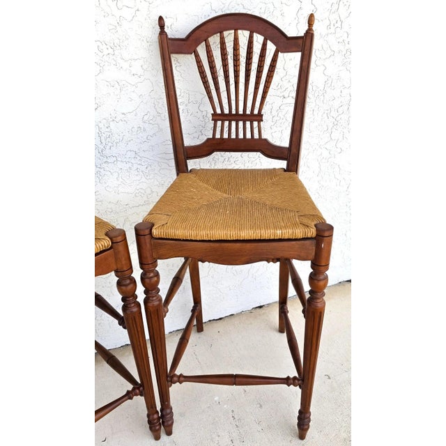 Ethan Allen Ethan Allen Country French Wheat Sheaf Back Rush Seat Bar Stools Set of 2 For Sale - Image 4 of 18
