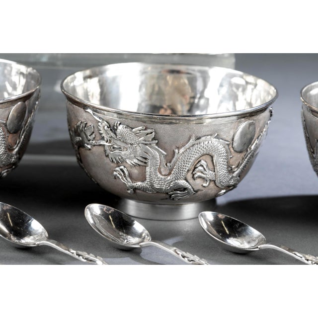 Early 20th Century Rare Chinese Export Sterling Silver Tea Set with Dragon Design Tianjing Wuhua - 13 pcs For Sale - Image 12 of 18