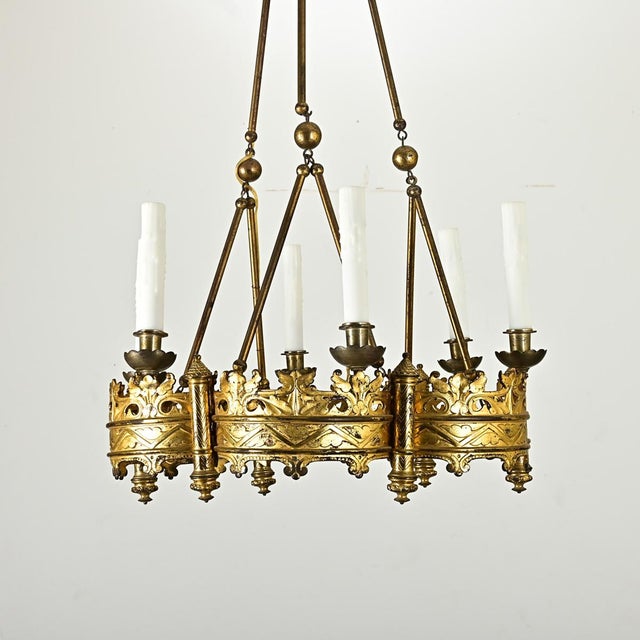 Dimensions: 35-1/4” H x 21-1/4” W x 21-1/4” D A stunning 6-light Byzantine/Gothic-style bronze chandelier from France,...