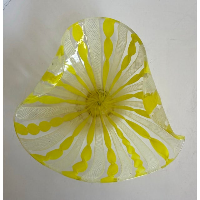 Murano 1950s Murano Hand Blown Art Glass Bowl Yellow Latticino Filigrana Dish For Sale - Image 4 of 9