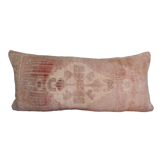 Faded Oushak Rug Pillow – Vintage Turkish Handwoven Lumbar Cushion -17'' X 37'' For Sale