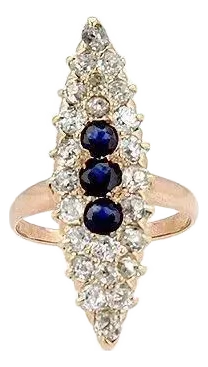 Old Mine Cut Diamonds Sapphire Marquise 14k Rose Gold Ring, Size 3.5