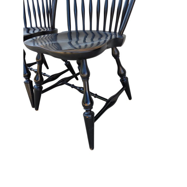 1990s 1990s 2 Nichols & Stone Windsor Side Chairs Bow Back Saddle Seat Distressed Country For Sale - Image 5 of 15