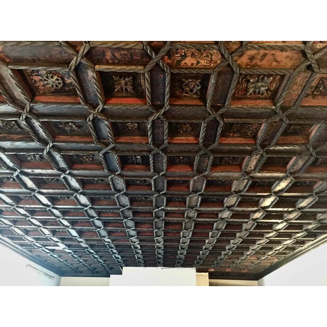 16th Century Spanish Renaissance Coffered Ceiling. Tempura on Pine is brilliant colors of azure, red, black and white....