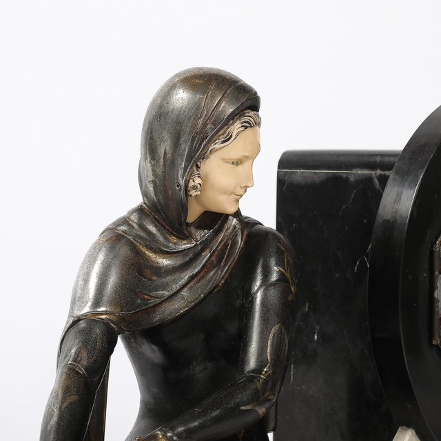 Black Art Deco Emoy Mantelpiece Clock With Seated Flapper in the Manner of Chiparus For Sale - Image 8 of 17