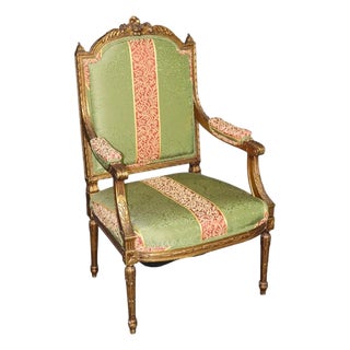 1950's Louis XVI Style Gilt Carved Armchair For Sale
