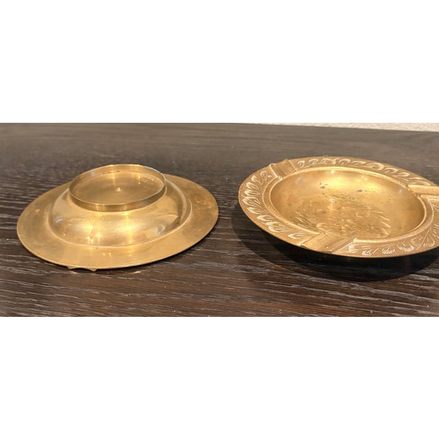 Metal Pair of Vintage Etched Solid Brass Ashtrays From India, 6.25” Dia. For Sale - Image 7 of 8