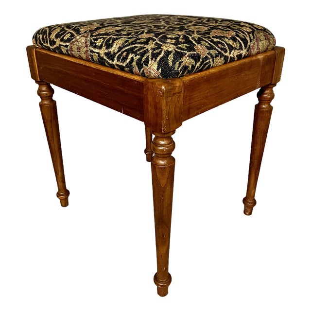 Vintage Victorian-Style Mahogany Stool With Intricate Tapestry Seated Stool For Sale