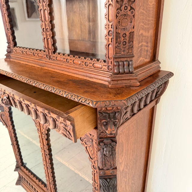 Wood Antique Neo-Renaissance Oak Bookcase with Figural Carvings, 1870 For Sale - Image 7 of 16