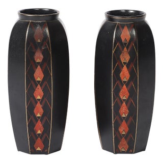 Pair of Art Deco Ceramic Vases W/ Geometric Motifs Signed Faincerie St Ghislain For Sale