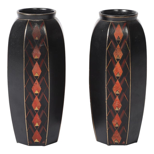 Pair of Art Deco Ceramic Vases W/ Geometric Motifs Signed Faincerie St Ghislain For Sale