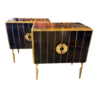 Pair of Black Murano Glass and Brass Cabinets For Sale