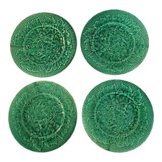 Antique 19th Century Minton Majolica Green Leaf Basketweave Plates - Set of 4 For Sale