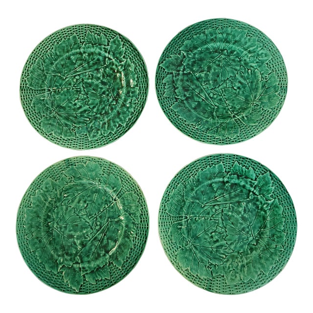 Antique 19th Century Minton Majolica Green Leaf Basketweave Plates - Set of 4 For Sale