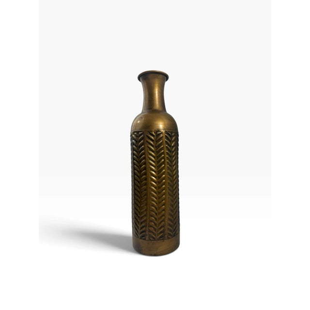 Tall Brass Bottle Vase ~16 in Antiqued Repousse Feather Columns Flared Neck For Sale - Image 4 of 4