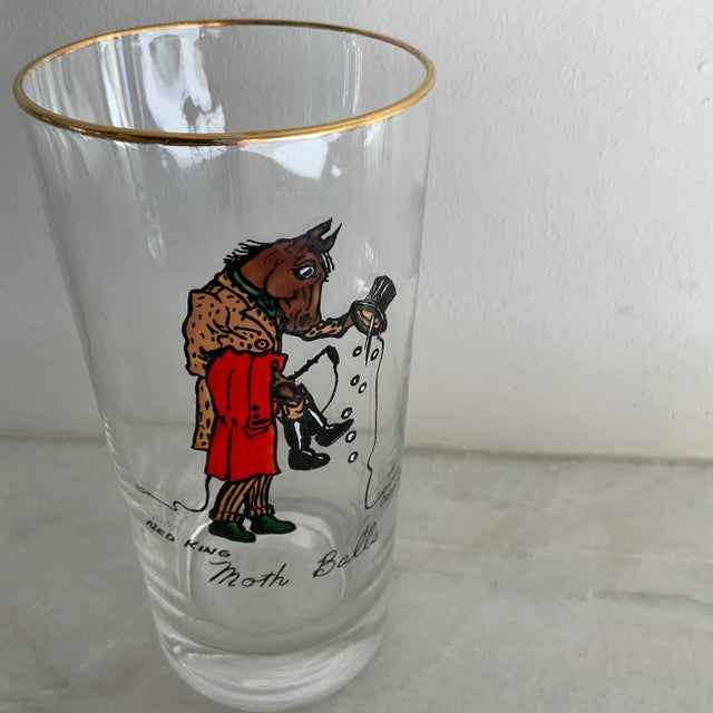 English Vintage Ned King for Carwin Gilt-Rimmed Humorous Equestrian Highball Glasses - Set of 8 For Sale - Image 3 of 8